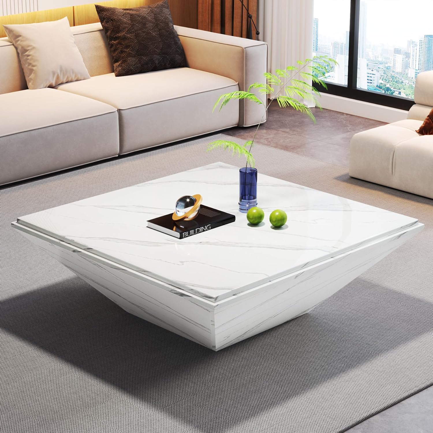 Modern Coffee Table, 35.43" Center Table with Faux Marble Top Tribesigns